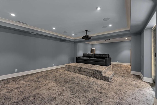 3773 Randall Rd SE, Atlanta, GA 30339 - carpeted home theater with a tray ceiling, baseboards, recessed lighting, and ornamental molding