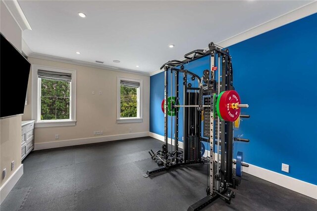 3773 Randall Rd SE, Atlanta, GA 30339 - exercise room with baseboards, crown molding, and recessed lighting