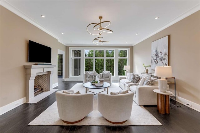 3773 Randall Rd SE, Atlanta, GA 30339 - living area with crown molding, a chandelier, dark wood finished floors, recessed lighting, and baseboards