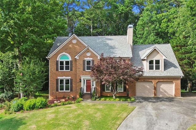 2316 Fripp Overlook NW, Acworth, GA 30101 - view of front facade featuring asphalt driveway, a chimney, a front lawn, and brick siding