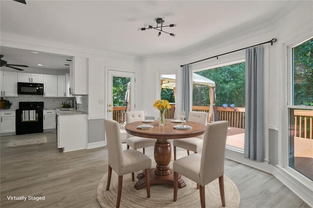 2316 Fripp Overlook NW, Acworth, GA 30101 - dining space with healthy amount of natural light, light wood-style flooring, crown molding, and ceiling fan