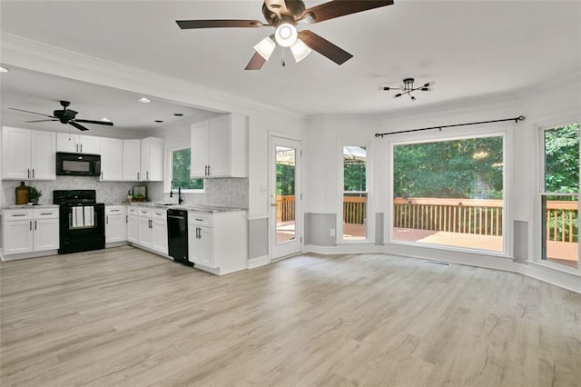 2316 Fripp Overlook NW, Acworth, GA 30101 - kitchen with black appliances, plenty of natural light, a ceiling fan, and ornamental molding