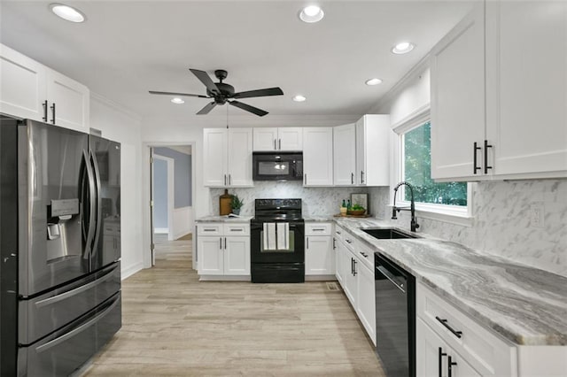 2316 Fripp Overlook NW, Acworth, GA 30101 - kitchen featuring black appliances, white cabinetry, ceiling fan, light stone countertops, and recessed lighting