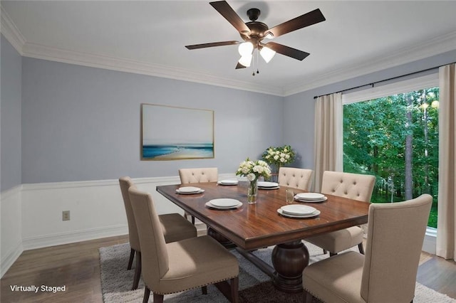 2316 Fripp Overlook NW, Acworth, GA 30101 - dining room featuring wood finished floors, a ceiling fan, and ornamental molding