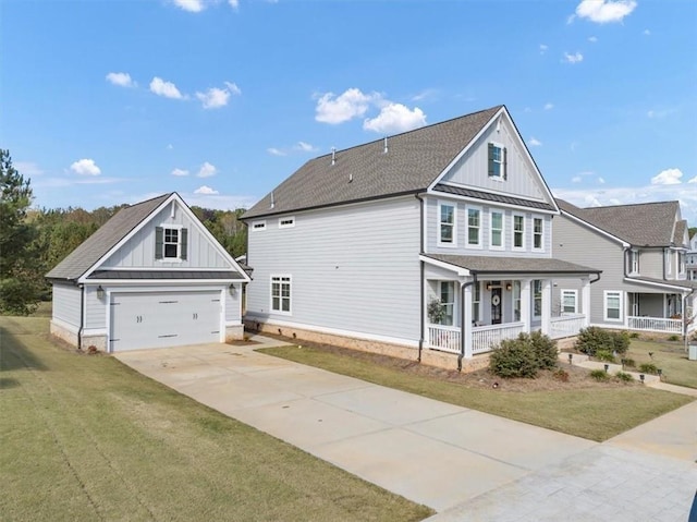 view of property exterior with a porch, a garage, and a yard