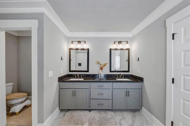 bathroom featuring shower with separate bathtub, tile walls, and crown molding