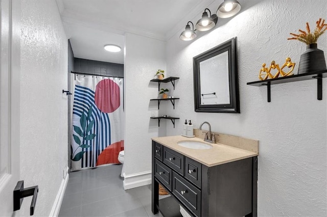 full bath with tile patterned flooring, vanity, toilet, baseboards, and a shower with curtain