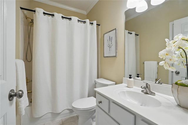 2802 Arabian Trl NE, Marietta, GA 30062 - bathroom featuring crown molding, vanity, toilet, tile patterned floors, and shower / bath combo with shower curtain