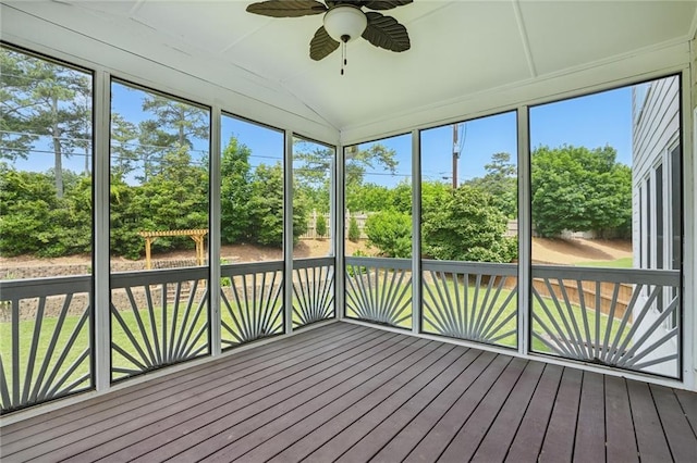 2802 Arabian Trl NE, Marietta, GA 30062 - unfurnished sunroom with ceiling fan, lofted ceiling, and view of wooded area