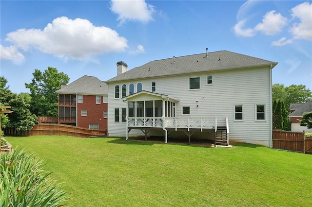2802 Arabian Trl NE, Marietta, GA 30062 - rear view of house with a sunroom, a deck, a chimney, and stairs