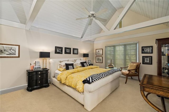 bedroom with baseboards, ceiling fan, light colored carpet, beam ceiling, and high vaulted ceiling