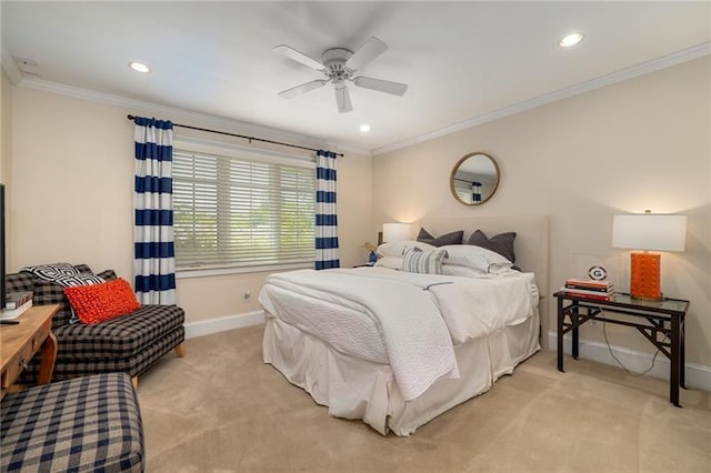 bedroom with light carpet, recessed lighting, baseboards, and ornamental molding