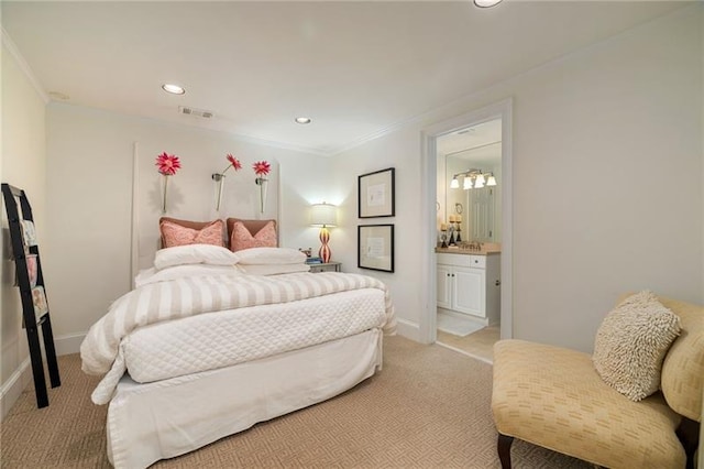 bedroom with light carpet, visible vents, recessed lighting, and crown molding