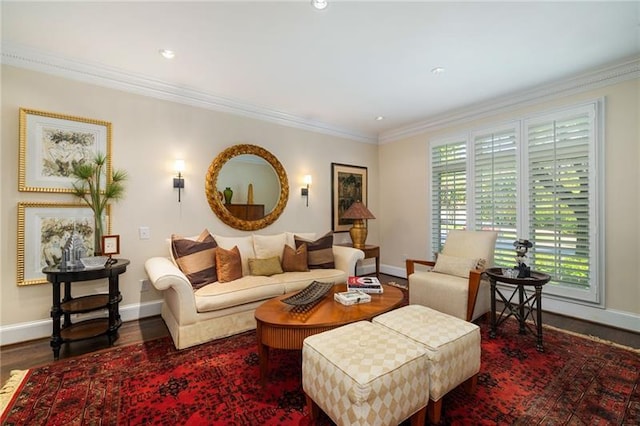 living area with baseboards, wood finished floors, and ornamental molding