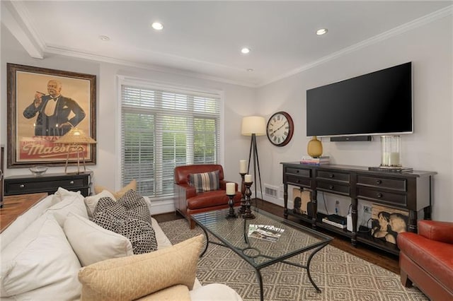 living room featuring visible vents, crown molding, baseboards, recessed lighting, and wood finished floors