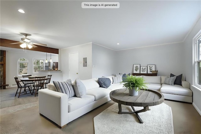 living room with recessed lighting, baseboards, ornamental molding, and a ceiling fan