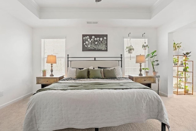 bedroom with light colored carpet, a raised ceiling, and multiple windows