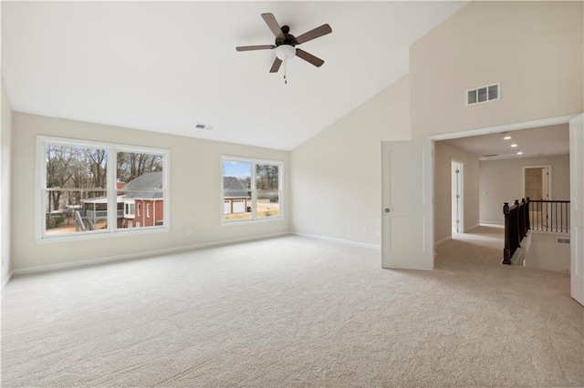 5997 Creek Indian Dr, Sugar Hill, GA 30518 - empty room featuring high vaulted ceiling, carpet, and a ceiling fan
