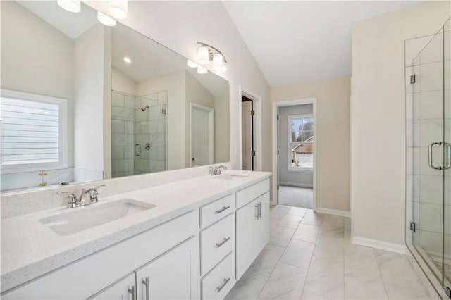 5997 Creek Indian Dr, Sugar Hill, GA 30518 - full bath with a shower stall, double vanity, and marble finish floors