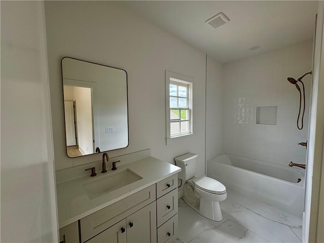 bathroom with marble look tile flooring, toilet, vanity, and bathing tub / shower combination