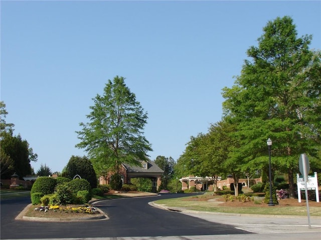 view of asphalt street featuring curbs, street lighting, and traffic signs