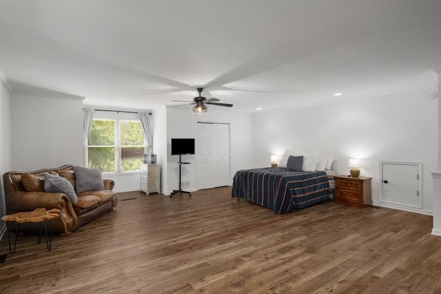 3142 Chamblee Gap Rd, Cumming, GA 30040 - bedroom featuring crown molding, wood finished floors, baseboards, ceiling fan, and recessed lighting