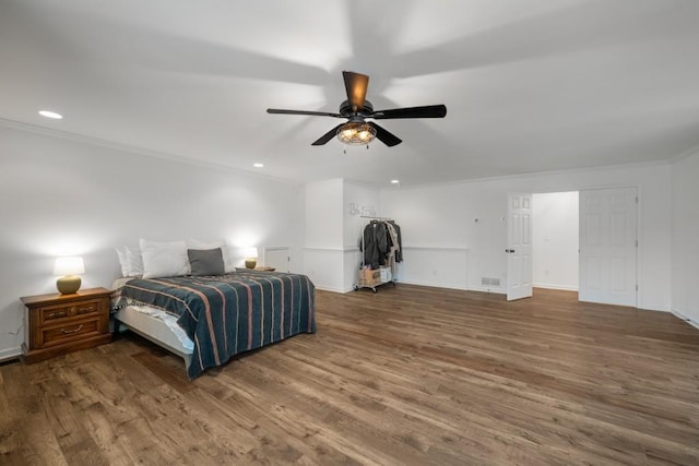 3142 Chamblee Gap Rd, Cumming, GA 30040 - bedroom featuring crown molding, wood finished floors, recessed lighting, a ceiling fan, and baseboards