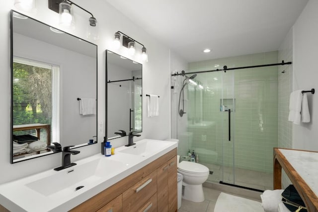 3142 Chamblee Gap Rd, Cumming, GA 30040 - bathroom with double vanity, toilet, a shower stall, and tile patterned flooring