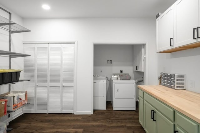 3142 Chamblee Gap Rd, Cumming, GA 30040 - washroom with independent washer and dryer, cabinet space, dark wood finished floors, and recessed lighting