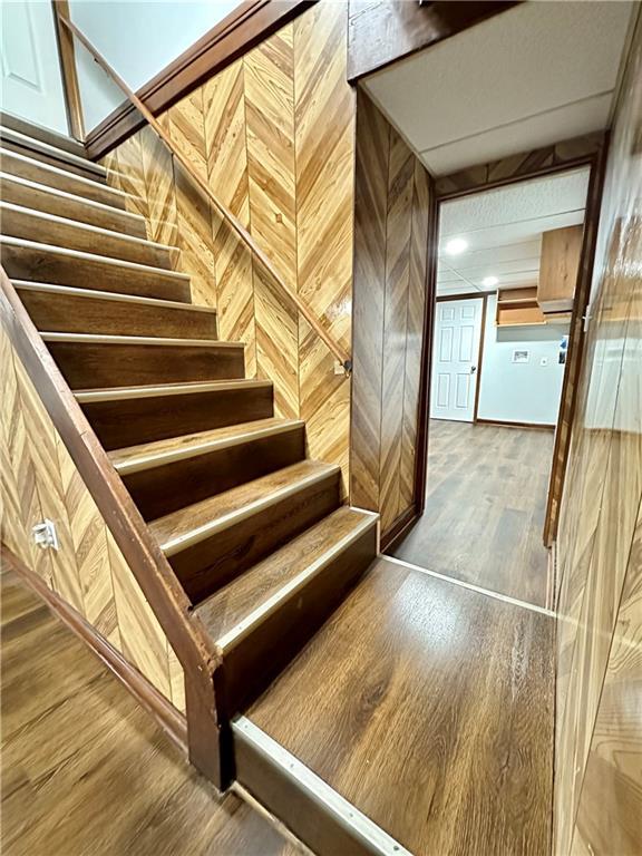 staircase with wood-type flooring and wood walls