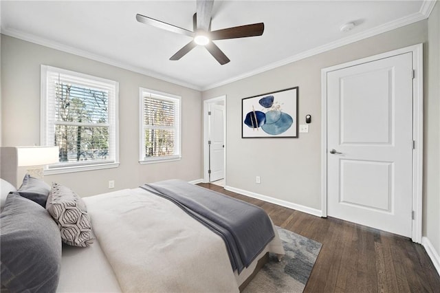 bedroom featuring crown molding, ceiling fan, and dark hardwood / wood-style flooring