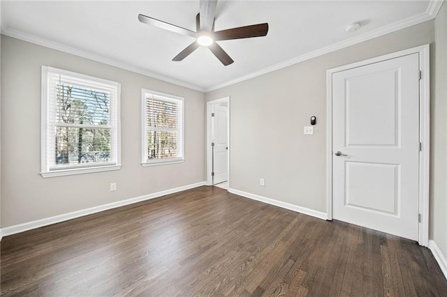 unfurnished room with ceiling fan, ornamental molding, and dark hardwood / wood-style floors