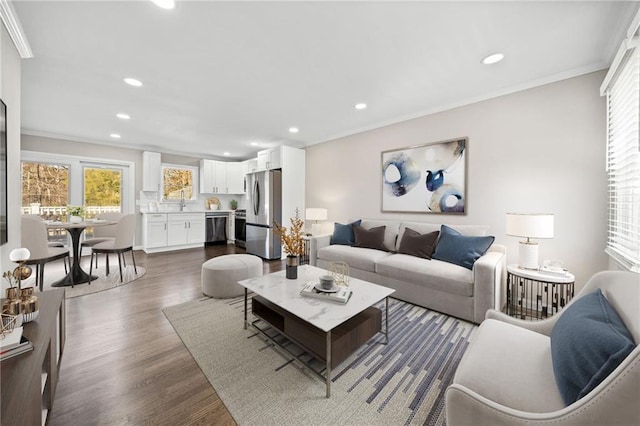 living room featuring crown molding and dark hardwood / wood-style floors