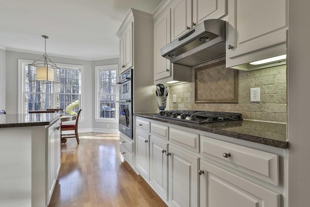 kitchen featuring crown molding, white cabinets, appliances with stainless steel finishes, and under cabinet range hood