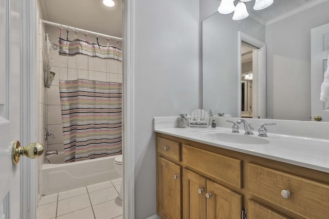 bathroom with crown molding, toilet, tile patterned floors, vanity, and shower / bathtub combination with curtain