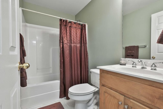 full bath featuring tile patterned floors, shower / bathtub combination with curtain, toilet, and vanity