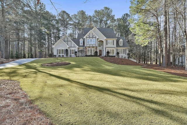 tudor-style house with stucco siding and a front lawn