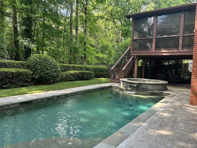 1984 Mendenhall Cir, Atlanta, GA 30341 - view of swimming pool with a sunroom, stairs, a patio, and a pool with connected hot tub