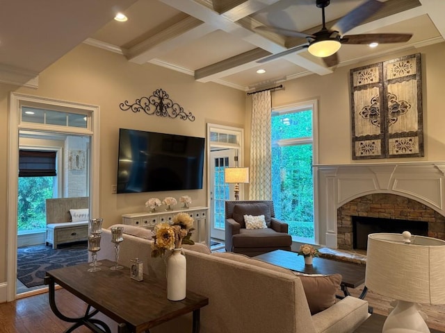 1984 Mendenhall Cir, Atlanta, GA 30341 - living room featuring a ceiling fan, beam ceiling, wood finished floors, crown molding, and coffered ceiling