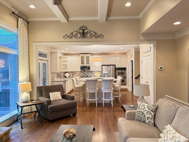 1984 Mendenhall Cir, Atlanta, GA 30341 - living room featuring dark wood-type flooring, crown molding, beam ceiling, and recessed lighting
