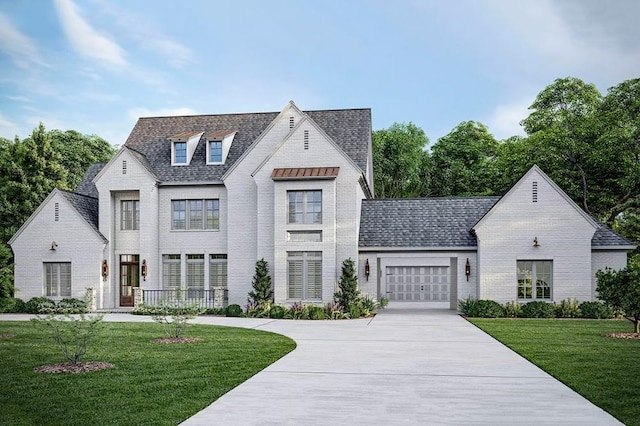 french country style house with a garage and a front yard