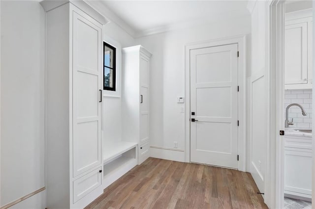 mudroom featuring crown molding, sink, and light hardwood / wood-style flooring