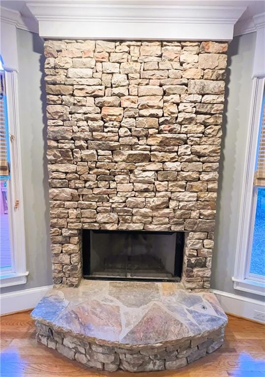 room details featuring ornamental molding, a fireplace, and hardwood / wood-style floors