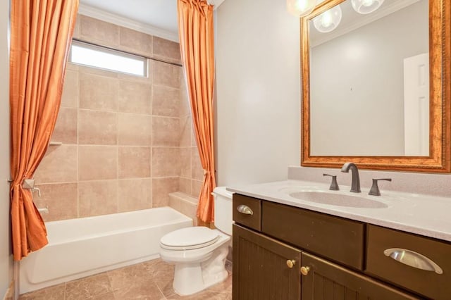 full bathroom featuring tile patterned floors, vanity, toilet, shower / tub combo with curtain, and crown molding