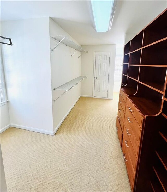 unfurnished bedroom featuring ensuite bathroom, high vaulted ceiling, light carpet, a walk in closet, and a closet