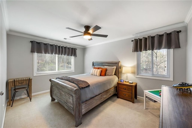 bedroom featuring visible vents, ornamental molding, baseboards, light colored carpet, and ceiling fan