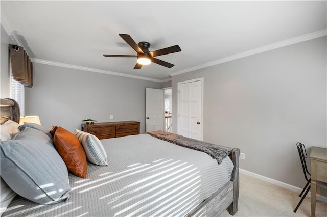 bedroom with baseboards, light carpet, ornamental molding, and a ceiling fan