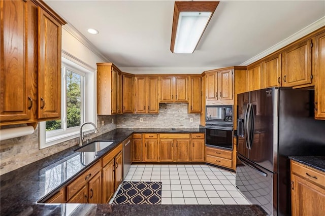 321 Covered Bridge Pl SW, Smyrna, GA 30082 - kitchen with black appliances, a sink, brown cabinets, decorative backsplash, and light tile patterned flooring