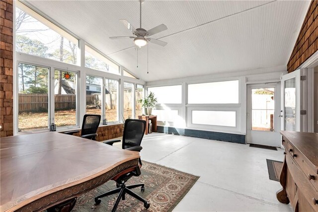 office space featuring ceiling fan and high vaulted ceiling