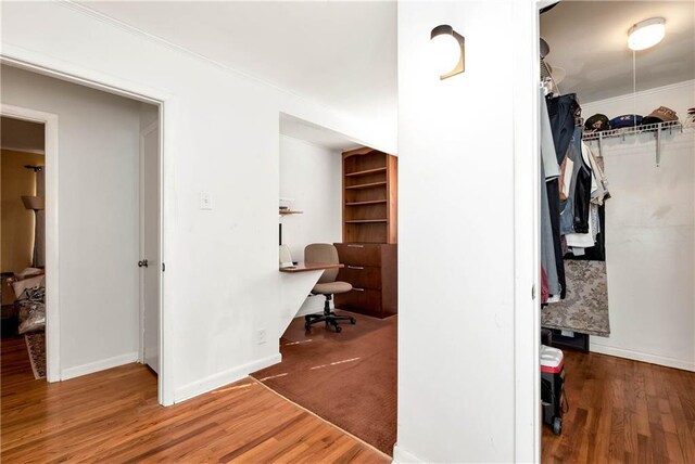 walk in closet featuring built in desk and hardwood / wood-style floors